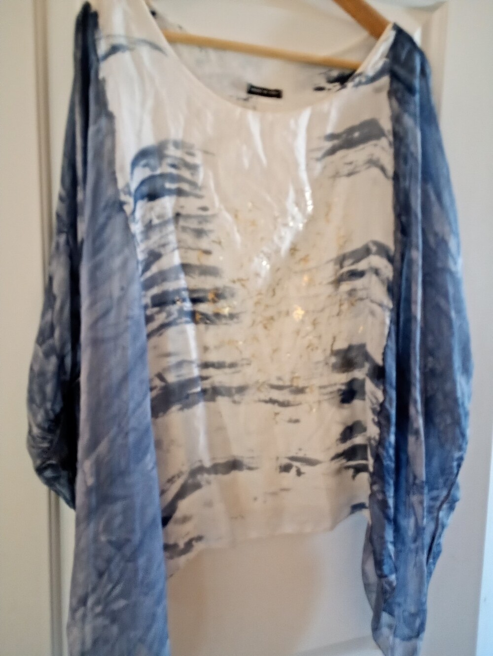 Made in Italy | Silk Blue & White Sheer Batwing Top Metallic Accent | L - Picture 2 of 7